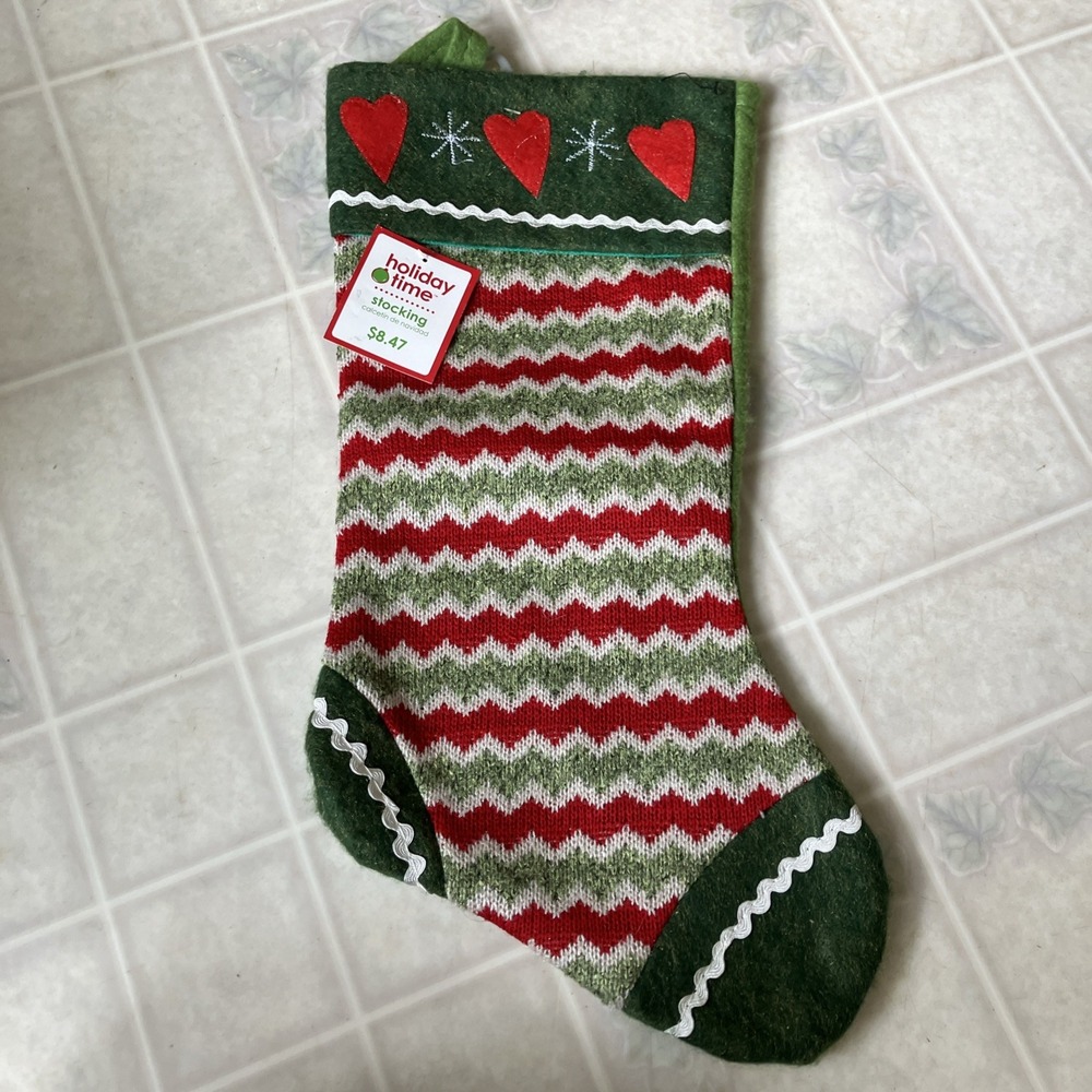 Christmas Tree 17" Stocking Holiday Fairisle Knit Wool Red Green White Hearts